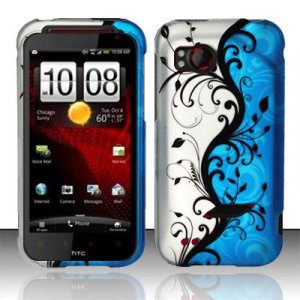 Hard Plastic Rubber Feel Design Case for HTC Rezound 6425 - Silver and Blue Vines