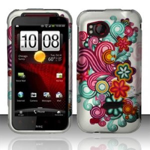 Hard Plastic Rubber Feel Design Case for HTC Rezound 6425 - Purple and Blue Flowers