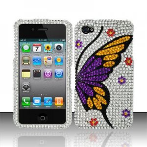Hard Plastic Bling Rhinestone Design Case for Apple iPhone 4/4S - Purple Wing