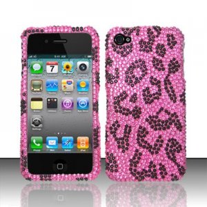 Hard Plastic Bling Rhinestone Design Case for Apple iPhone 4/4S - Hot Pink Leopard