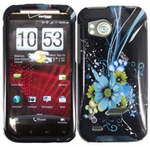 Hard Plastic Design Cover Case for HTC Rezound 6425 - Black and Blue Flower