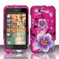 Hard Plastic Rubber Feel Design Case for HTC Rhyme/Bliss 6330 - Hot Pink and Purple Flowers