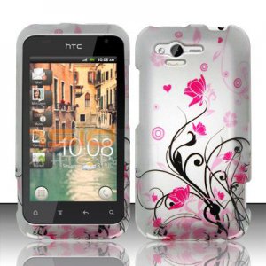 Hard Plastic Rubber Feel Design Case for HTC Rhyme/Bliss 6330 - Silver and Pink Flowers