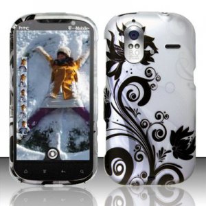 Hard Plastic Rubber Feel Design Case for HTC Amaze 4G/Ruby - Silver and Black Vines