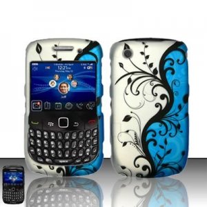 Hard Plastic Rubber Feel Design Case for Blackberry Curve 8520 - Silver and Blue Vines