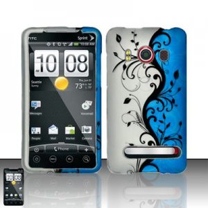 Hard Plastic Rubber Feel Design Full Case for HTC Evo 4G - Silver and Blue Vines