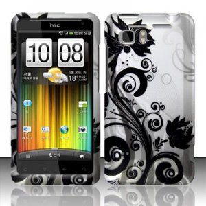 Hard Plastic Rubber Feel Design Case for HTC Vivid/Holiday - Silver and Black Vines