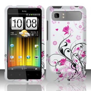 Hard Plastic Rubber Feel Design Case for HTC Vivid/Holiday - Silver and Pink Flowers