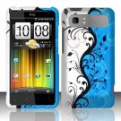 Hard Plastic Rubber Feel Design Case for HTC Vivid/Holiday - Silver and Blue Vines