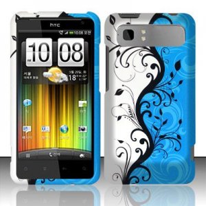 Hard Plastic Rubber Feel Design Case for HTC Vivid/Holiday - Silver and Blue Vines