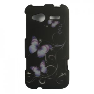 Hard Plastic Rubber Feel Design Case for HTC Radar 4G - Black and Purple Butterfly