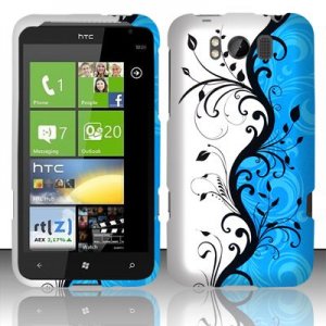 Hard Plastic Rubber Feel Design Case for HTC Titan X310e - Silver and Blue Vines