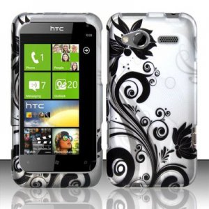 Hard Plastic Rubber Feel Design Case for HTC Radar 4G - Silver and Black Vines