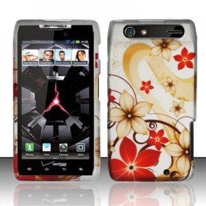 Hard Plastic Rubber Feel Design Case for Motorola Droid RAZR XT912 - Red and Gold Flowers