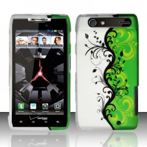 Hard Plastic Rubber Feel Design Case for Motorola Droid RAZR XT912 - Silver and Green Vines
