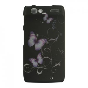 Hard Plastic Rubber Feel Design Case for Motorola Droid RAZR XT912 - Black and Purple Butterfly