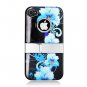 Hard Plastic Rubber Feel Case + Chrome Kickstand for Apple iPhone 4/4S - Four Blue Flowers