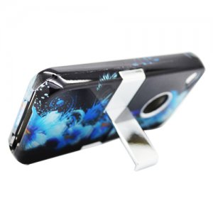 Hard Plastic Rubber Feel Case + Chrome Kickstand for Apple iPhone 4/4S - Four Blue Flowers