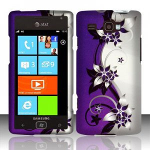 Hard Plastic Rubber Feel Design Case for Samsung Focus Flash i677 (AT&T) - Silver and Purple Vines