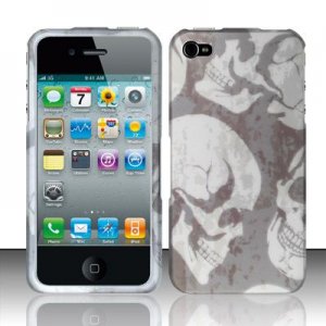 Hard Plastic Rubber Feel Design Case for Apple iPhone 4/4S - White Skulls