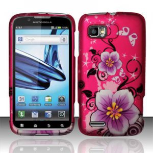 Hard Plastic Rubber Feel Design Case for Motorola Atrix 2 MB865 - Hot Pink Flowers and Butterfly