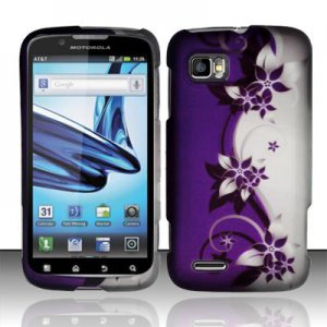 Hard Plastic Rubber Feel Design Case for Motorola Atrix 2 MB865 - Silver and Purple Vines