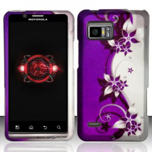 Hard Plastic Rubber Feel Design Case for Motorola Droid Bionic Targa XT875 - Silver and Purple Vines