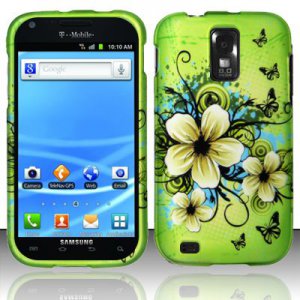 Hard Plastic Rubber Feel Design Case for Samsung Galaxy S II/Hercules - Green Flowers and Butterfly