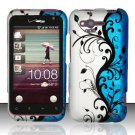 Hard Plastic Rubber Feel Design Case for HTC Rhyme/Bliss 6330 - Silver and Blue Vines