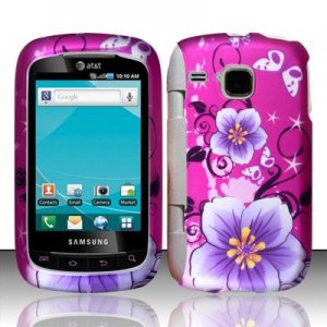 Hard Plastic Rubber Feel Design Case for Samsung DoubleTime i857 - Hot Pink Flowers and Butterfly