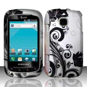 Hard Plastic Rubber Feel Design Case for Samsung DoubleTime i857 - Silver and Black Vines