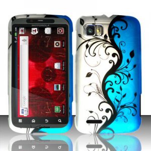 Hard Plastic Rubber Feel Design Case for Motorola Atrix 2 MB865 - Silver and Blue Vines