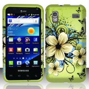 Hard Plastic Rubber Feel Design Case for Samsung Captivate Glide 4G - Green Flowers & Butterfly