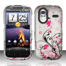 Hard Plastic Rubber Feel Design Case for HTC Amaze 4G/Ruby - Silver and Pink Flowers