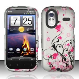 Hard Plastic Rubber Feel Design Case for HTC Amaze 4G/Ruby - Silver and Pink Flowers
