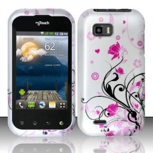 Hard Plastic Rubber Feel Design Case for LG myTouch Q C800/Maxx Q - Silver and Pink Flowers