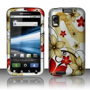 Hard Plastic Rubber Feel Design Case for Motorola Atrix 4G MB860 - Red and Gold Flowers