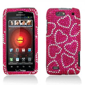 Hard Plastic Bling Rhinestone Design Case for Motorola Droid 4 XT894 - Hot Pink Hearts