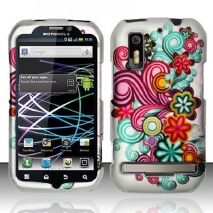 Hard Plastic Rubber Feel Design Case for Motorola Photon 4G - Purple and Blue Flowers