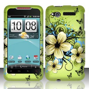 Hard Plastic Rubber Feel Design Case for HTC Merge 6325 - Green Flowers and Butterfly