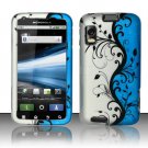 Hard Plastic Rubber Feel Design Case for Motorola Atrix 4G MB860 - Silver and Blue Vines