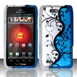 Hard Plastic Rubber Feel Design Case for Motorola Droid 4 XT894 (Verizon) - Silver and Blue Vines