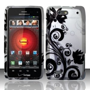 Hard Plastic Rubber Feel Design Case for Motorola Droid 4 XT894 (Verizon) - Silver and Black Vines