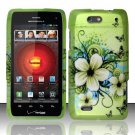 Hard Plastic Rubber Feel Design Case for Motorola Droid 4 (Verizon) - Green Flowers and Butterfly