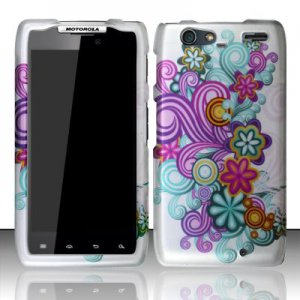 Hard Plastic Rubber Feel Design Case for Motorola Droid RAZR Maxx XT916 - Purple & Blue Flowers
