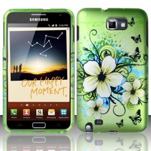 Hard Plastic Snap On Rubberized Design Case for Samsung Galaxy Note - Green Flowers & Butterfly