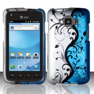 Hard Plastic Snap On Rubberized Design Case for Samsung Rugby Smart i847 - Silver and Blue Vines
