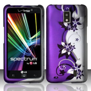 Hard Plastic 2-Piece Rubberized Snap On Design Case for LG Spectrum - Silver & Purple Vines
