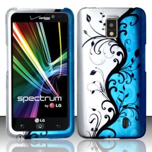 Hard Plastic 2-Piece Rubberized Snap On Design Case for LG Spectrum - Silver & Blue Vines