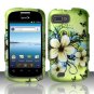 Hard Plastic Snap-On Rubberized Design Case Cover for ZTE Fury - Green Flowers and Butterfly